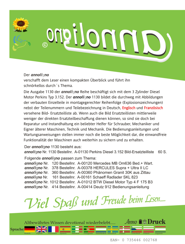 Perkins Diesel Motor 3 Zylinder Typ 3.152 Bild- Ersatzteilliste mit Explosionszeichnungen - annoligno 1130